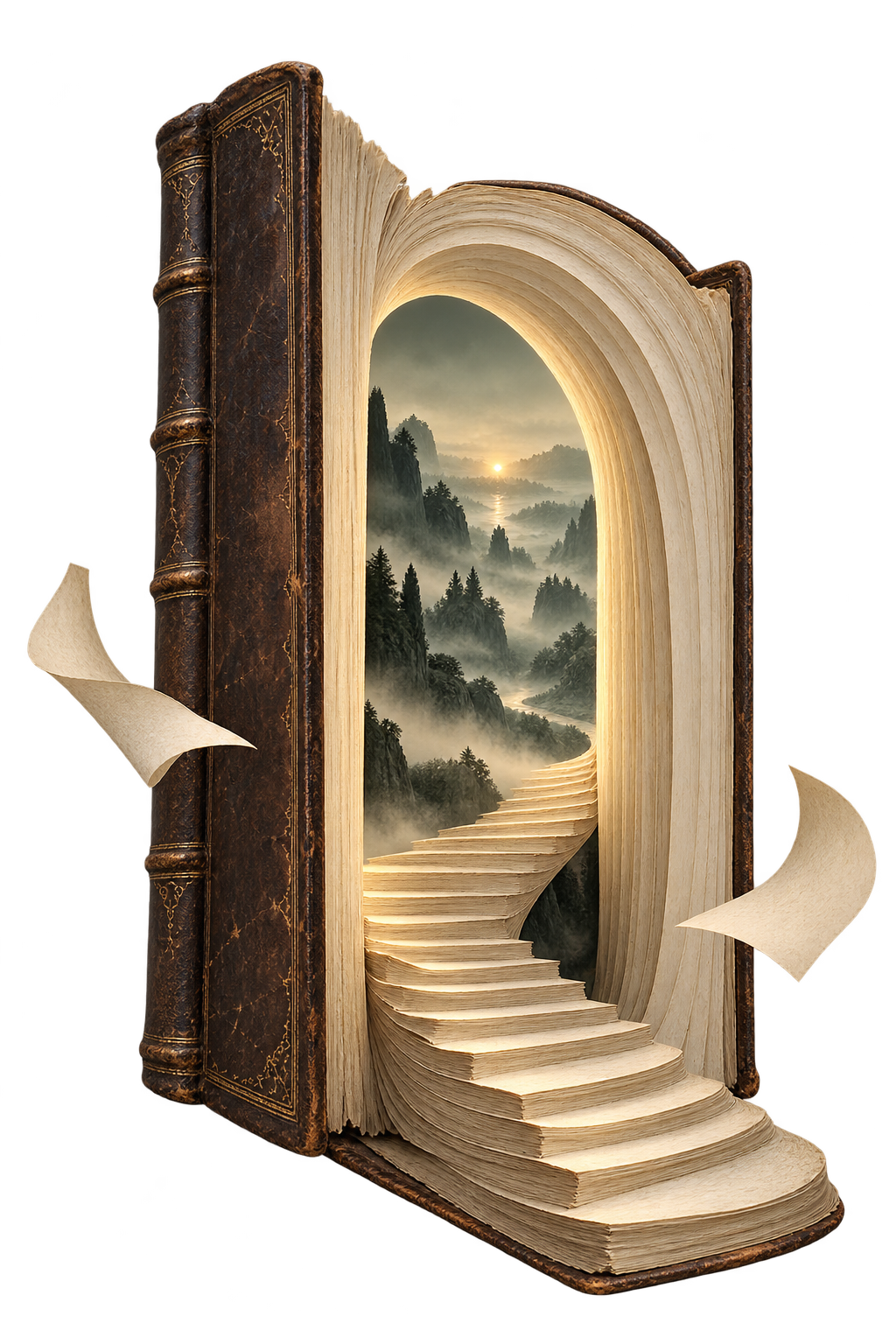 A leather-bound book opening into an impossible doorway and misty mountain landscape